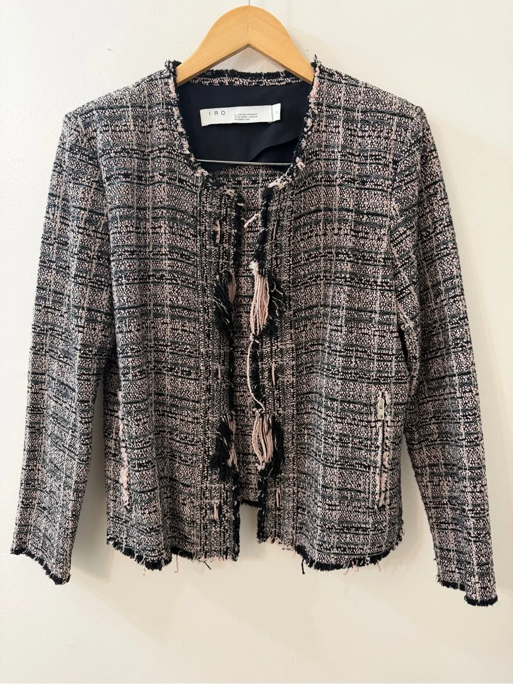 IRO Jocund Tweed Fringe Jacket Blush Pink Black Size 42 French Chic Blazer